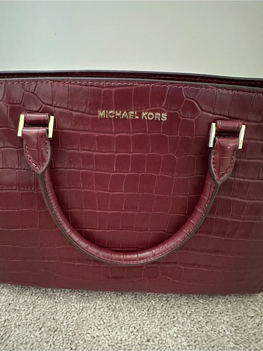 Michael Kors Croc-Embossed Burgundy Satchel with Detachable Strap